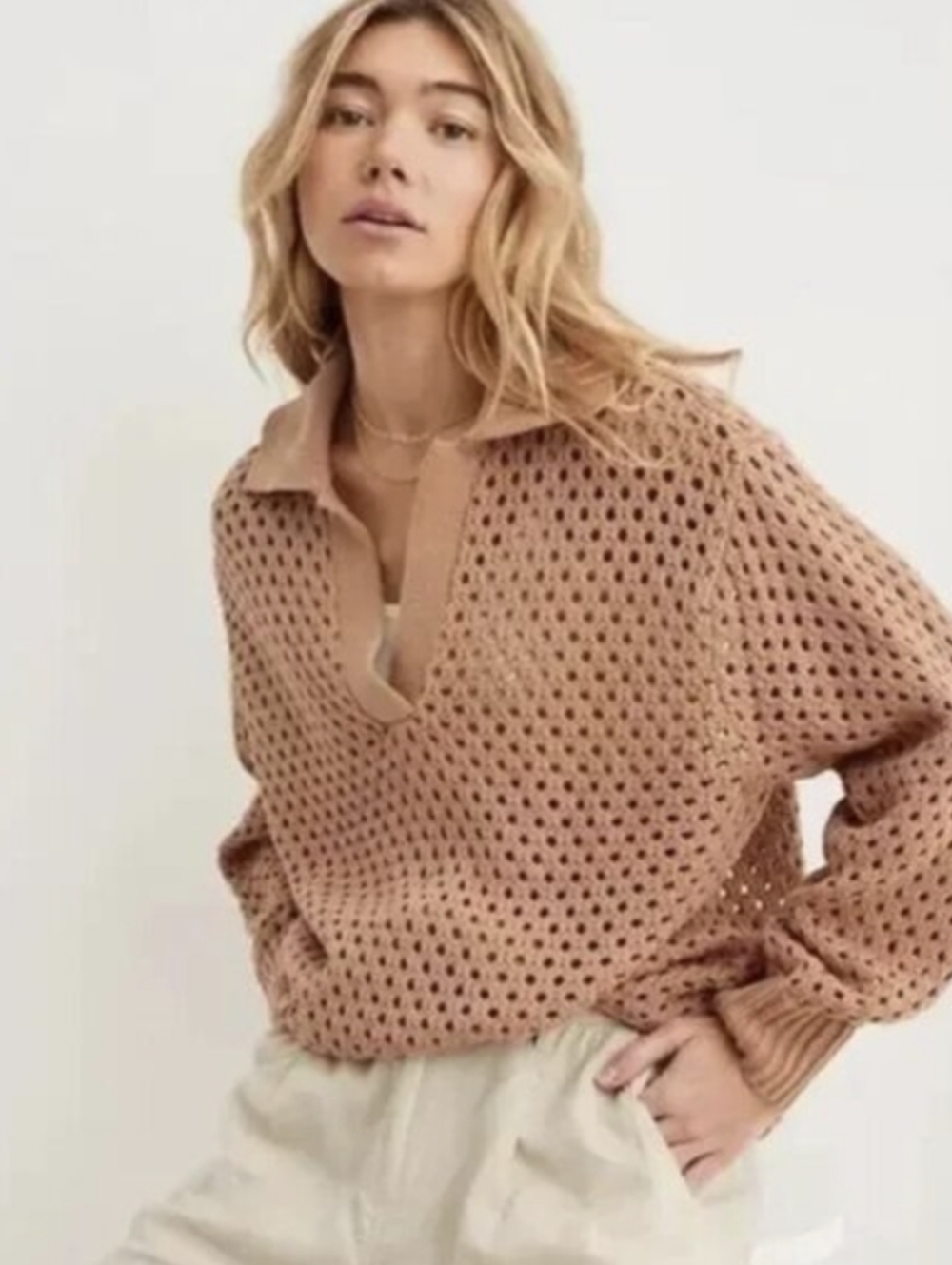 Aerie Open Knit Oversized Polo Sweater in Brown/Tan 100% Cotton Size XL NEW NWT
